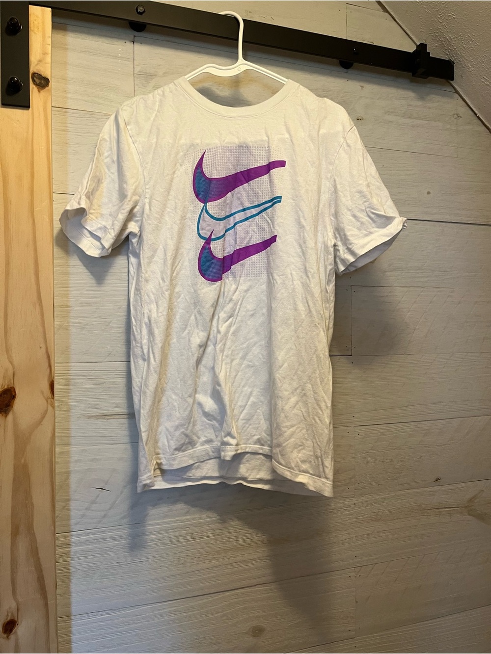 Nike White Tee with Purple & Teal Swoosh Stack
